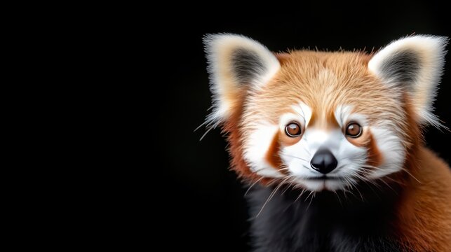 Close-up portrait of a red panda with striking eyes against a black background.