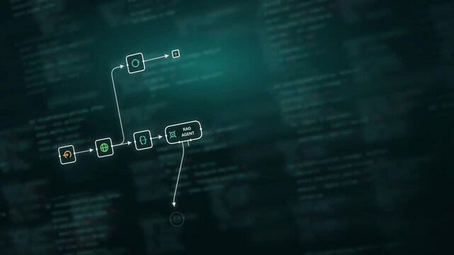 Dynamic AI Agent Workflow Visualization with Teal and Glowing Screen Elements, Featuring Various Node Icons and Code Display, Perfect for Tech Presentations