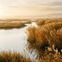 Obraz premium Winding waterway through tall reeds with birds flying over misty distant hills
