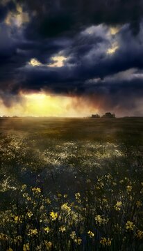 Dramatic sunset wildflowers glow beneath stormy skies a peaceful farmhouse silhouette evokes rustic beauty