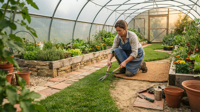 Woman edging lawn with garden shears kneeling in polytunnel greenhouse
