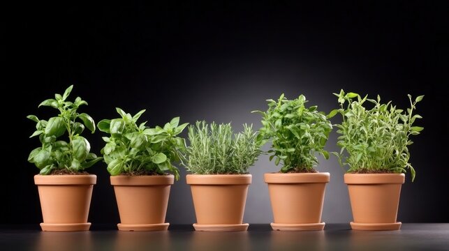 Five Potted Herbs Lined Up Against a Dark Background.
