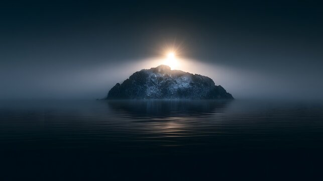 Mysterious island glows serenely from tranquil ocean a breathtaking ethereal landscape visual concept