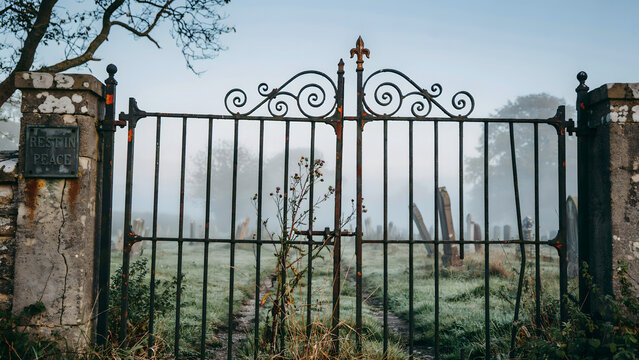 Ornate wrought iron cemetery gates with a rest in peace sign on a stone pillar, set against a misty, atmospheric, and moody graveyard background
