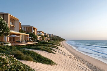 Fototapeta premium Luxury beach resort hotel architecture with ocean view and sandy beach