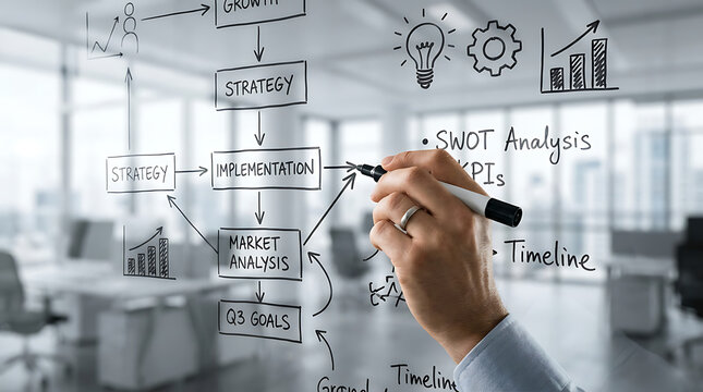 Business professional drawing a strategic flowchart on a glass office wall.