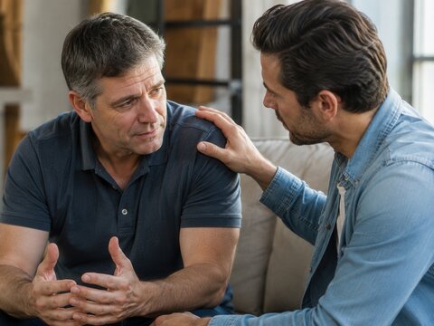 M&auml;nner sprechen offen &uuml;ber Probleme &ndash; Ein Freund h&ouml;rt aufmerksam zu, legt die Hand auf die Schulter und vermittelt Unterst&uuml;tzung, Verst&auml;ndnis, Vertrauen und ehrliche Verbundenheit.