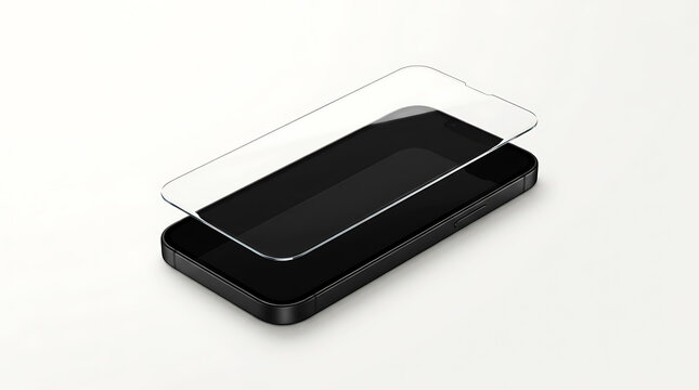 Black smartphone with screen protector, top-down view