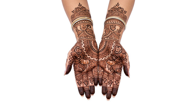 Hands with intricate henna tattoos. Traditional bridal mehndi art on woman palms.