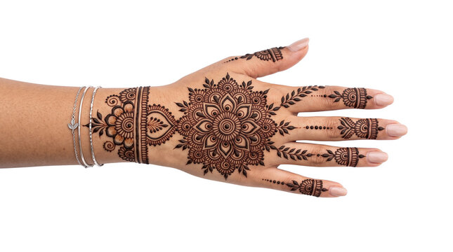 Hands with intricate henna tattoos. Traditional bridal mehndi art on woman palms