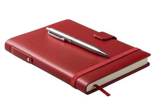 Red notebook with pen on top isolated on transparent background