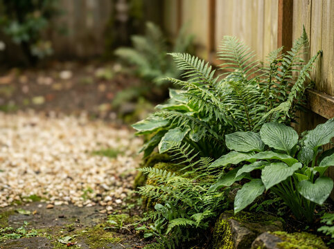 Close-up ferns and hostas growing along wooden fence garden path