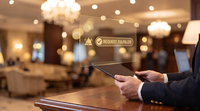 hotel concierge holds glowing guest request interface with bell icon above tablet to track service ticket status, verify room amenity delivery, and manage hospitality response time