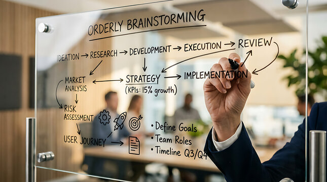 Business professional drawing a strategic workflow process on a glass whiteboard in an office.