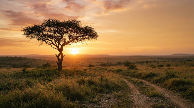 Single acacia tree silhouetted against a vibrant sunset over a grassy plain
