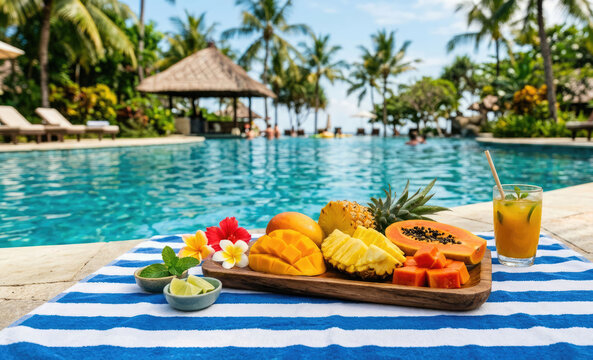 Tropical fruits platter and fresh cocktail by resort poolside on sunny summer  morning. Vacation, travel, relax concept.