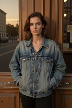 A woman in a light blue denim jacket leans against the weathered wooden facade of a vintage storefront on a quiet afternoon.