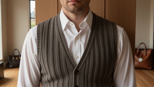 A stylish man in a modern residential space wears a white button-down shirt layered over a brown V-neck knit cardigan vest.
