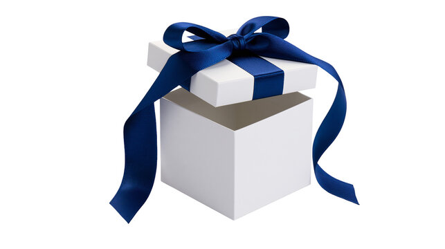 Open white gift box with blue satin ribbon bow, isolated on transparent background