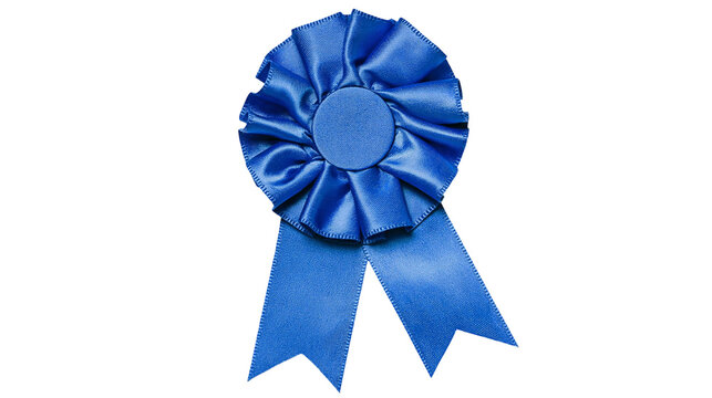 Blue satin rosette award ribbon with two tails, isolated on transparent background