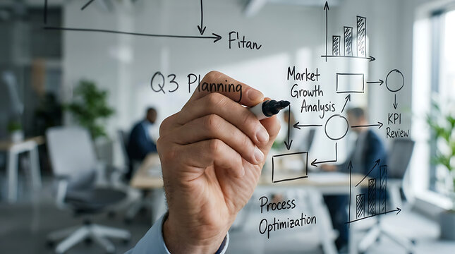 Business professional writing Q3 planning and growth strategy on a glass office wall.