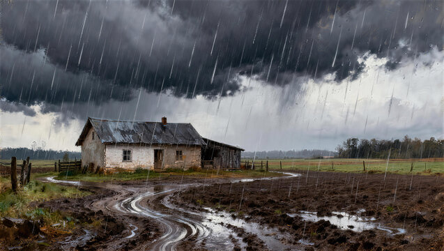 Rainy countryside farmhouse in rural landscape, muddy field under storm clouds, oil painting style