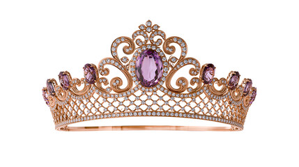 Rose gold tiara with oval amethyst and diamonds, isolated on transparent background