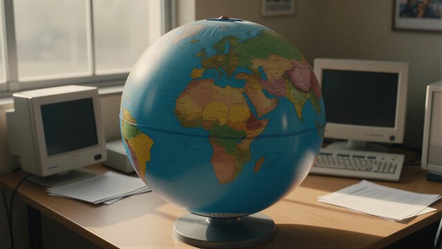 A terrestrial globe sits centrally on a wooden desk in an office environment, surrounded by computer monitors and metallic base.