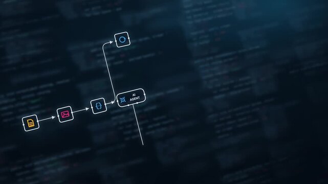 Dynamic AI Agent Workflow for Expense Approval Featuring Navy Background, Glowing Elements in Teal and Soft Highlights, Illustrating a Modern Digital Interface with Code and Icons in Motion