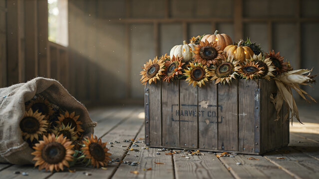 Wooden harvest crate filled with pumpkins and sunflowers in a rustic barn with sunbeams streaming through the wooden walls during the autumn