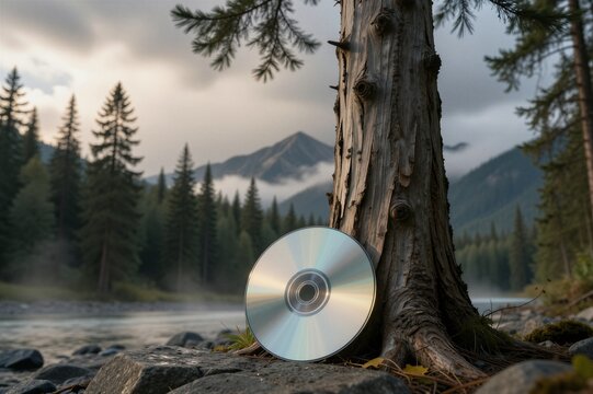 A silver compact disc leans against a weathered coniferous tree on a rocky riverbank in a serene mountain forest.