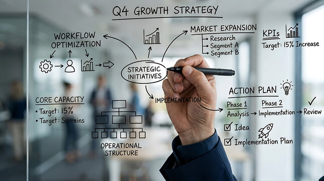 Business professional drawing a Q4 growth strategy and action plan on a glass wall in the office.