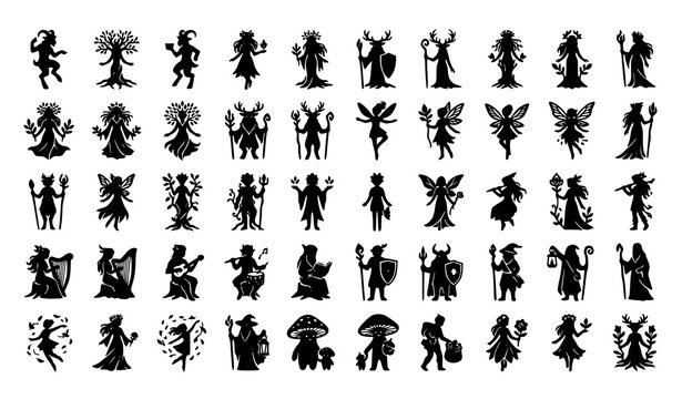 Fantasy Woodland Character Silhouette Vector Set with Forest Nymphs Tree Spirits and Fauns