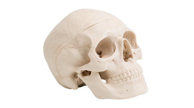 Human skull model with detailed bone structure, isolated on transparent background
