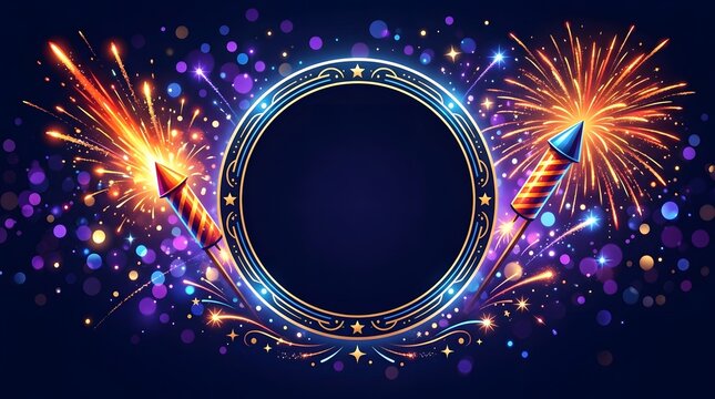 Festive circular frame with bright colorful fireworks on a dark blue background for holiday celebrations