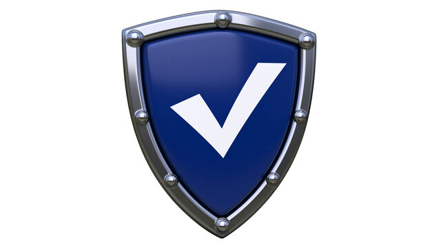 Shiny metallic shield with blue surface and white checkmark, isolated on transparent background