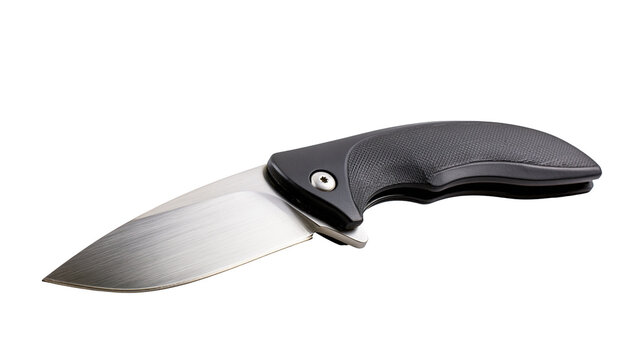 Sharp metallic folding knife with textured black handle, isolated on transparent background