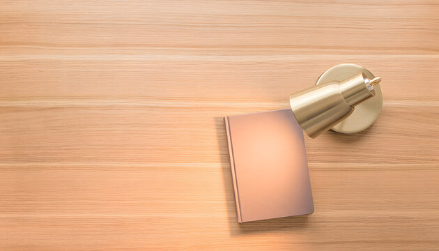 Cozy Wooden Workspace Flat Lay with a Matte Brass Desk Lamp Shining Warm Light on a Small Notebook