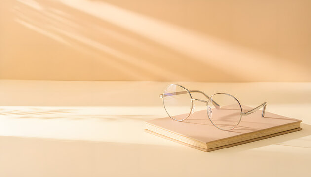 Cozy Workspace concept featuring a single pair of modern round eyeglasses resting neatly upon a soft notebook in warm light