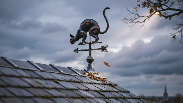 A black metal cat weather vane sits on a slate roof against a cloudy sky with a falling autumn leaf and a distant church spire in the background