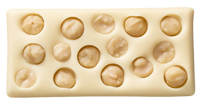 Creamy white chocolate bar with embedded macadamia nuts, isolated on transparent background