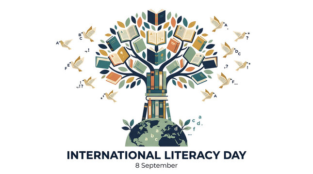 International literacy day conceptual illustration featuring a tree made of books over the world globe