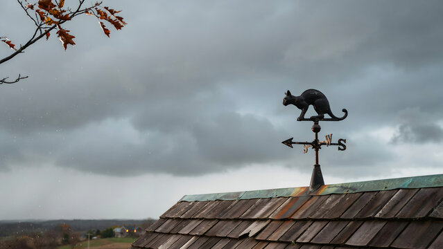 A black metal weather vane shaped like a cat standing on a roof against a cloudy, dramatic sky with autumn leaves scattered on the shingles