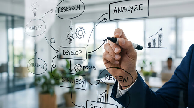 Business professional drawing a complex project development flowchart on a glass wall in an office.
