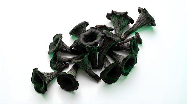 Fresh Horn of Plenty mushrooms or black trumpet wild edible fungus isolated on white background