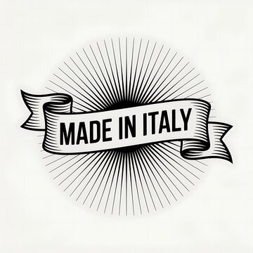 Made in italy emblem with vintage ribbon and sunburst lines