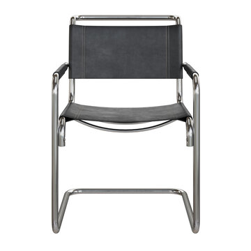 Modern retro vintage armchair with black fabric seat and metal frame