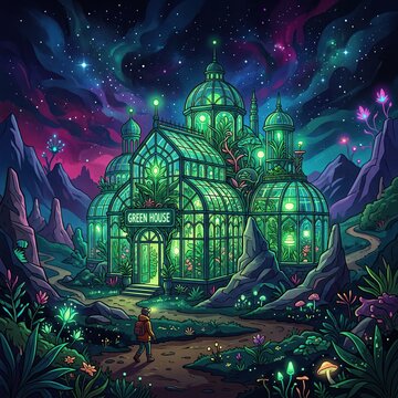 Vibrant Neon Green Glass Greenhouse Shimmering Under An Aurora Filled Night Sky