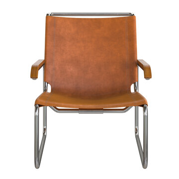 Modern retro vintage armchair with orange leather seat and metal frame