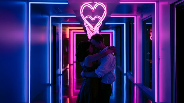 Romantic embrace glows beneath neon hearts modern architecture evokes futuristic love and connection